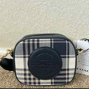 Coach Mini Dempsey Camera Bag With Garden Plaid Print And Coach Patch Midnight.
